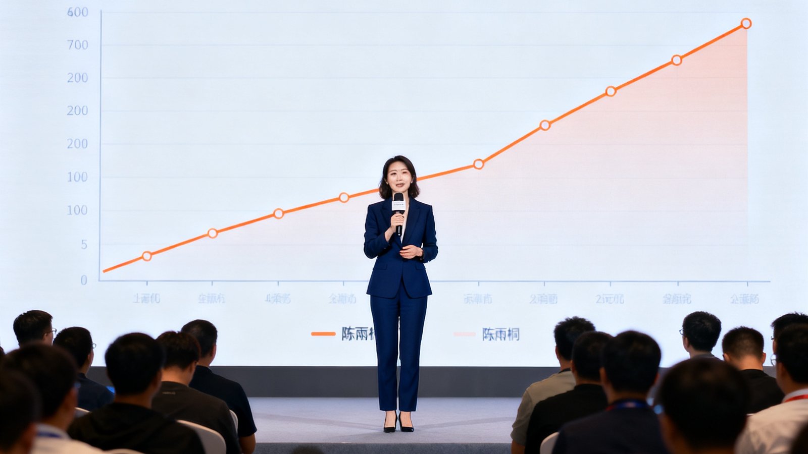 电竞牛联合创始人陈雨桐在发布会上的演讲照片，三十多岁的女性身着深蓝色职业西装，手持话筒站在舞台中央，身后的巨大投影屏幕上显示着电竞牛的橙色logo和用户增长数据曲线图，台下观众席坐满了业内人士